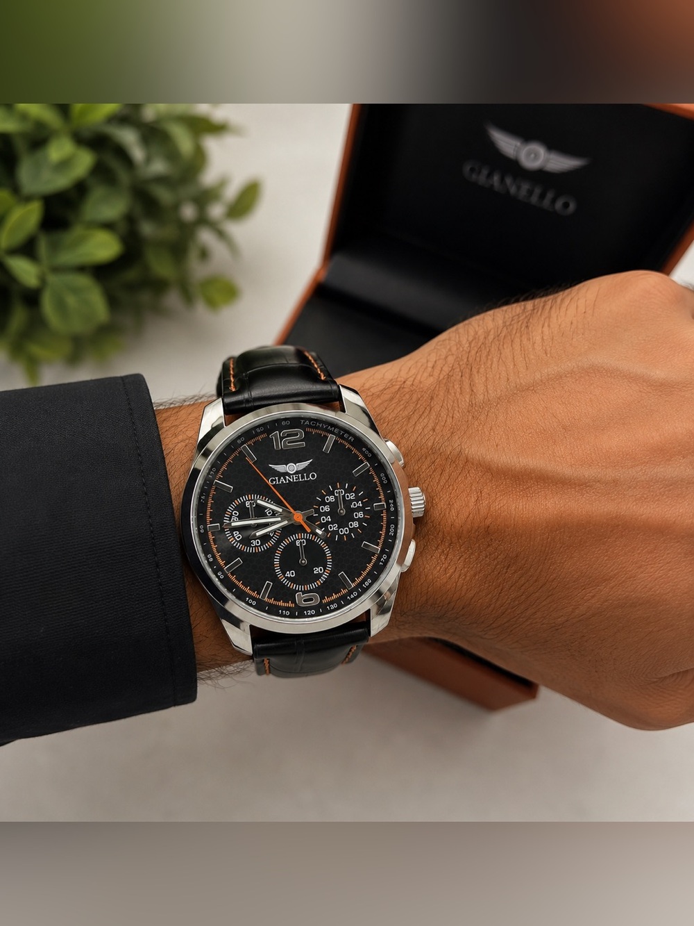 Gianello Men’s Italian Design Watch Black Leather Strap Tachymeter GNL7757BK NIB